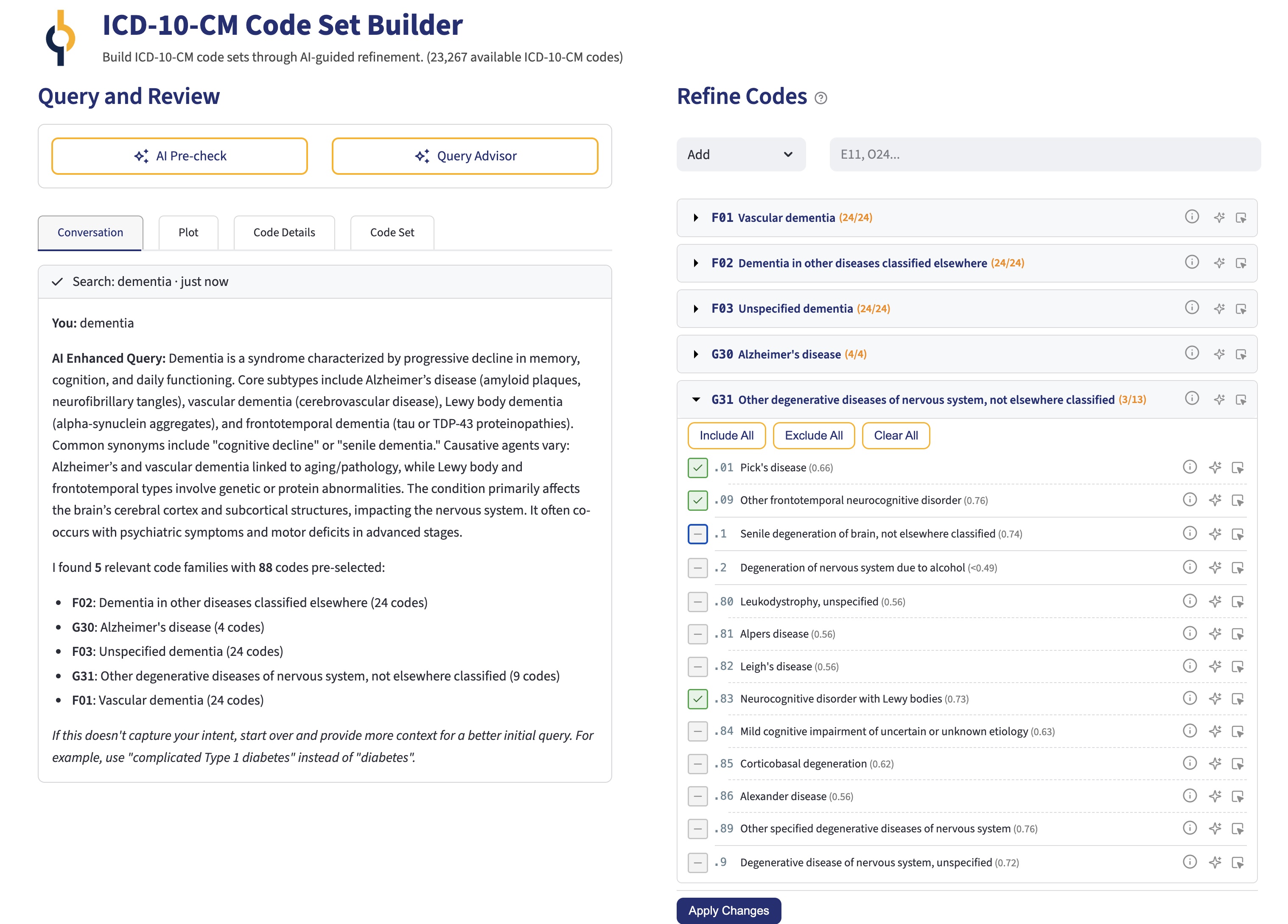 Code Set Builder showing dementia search results with G31 family expanded