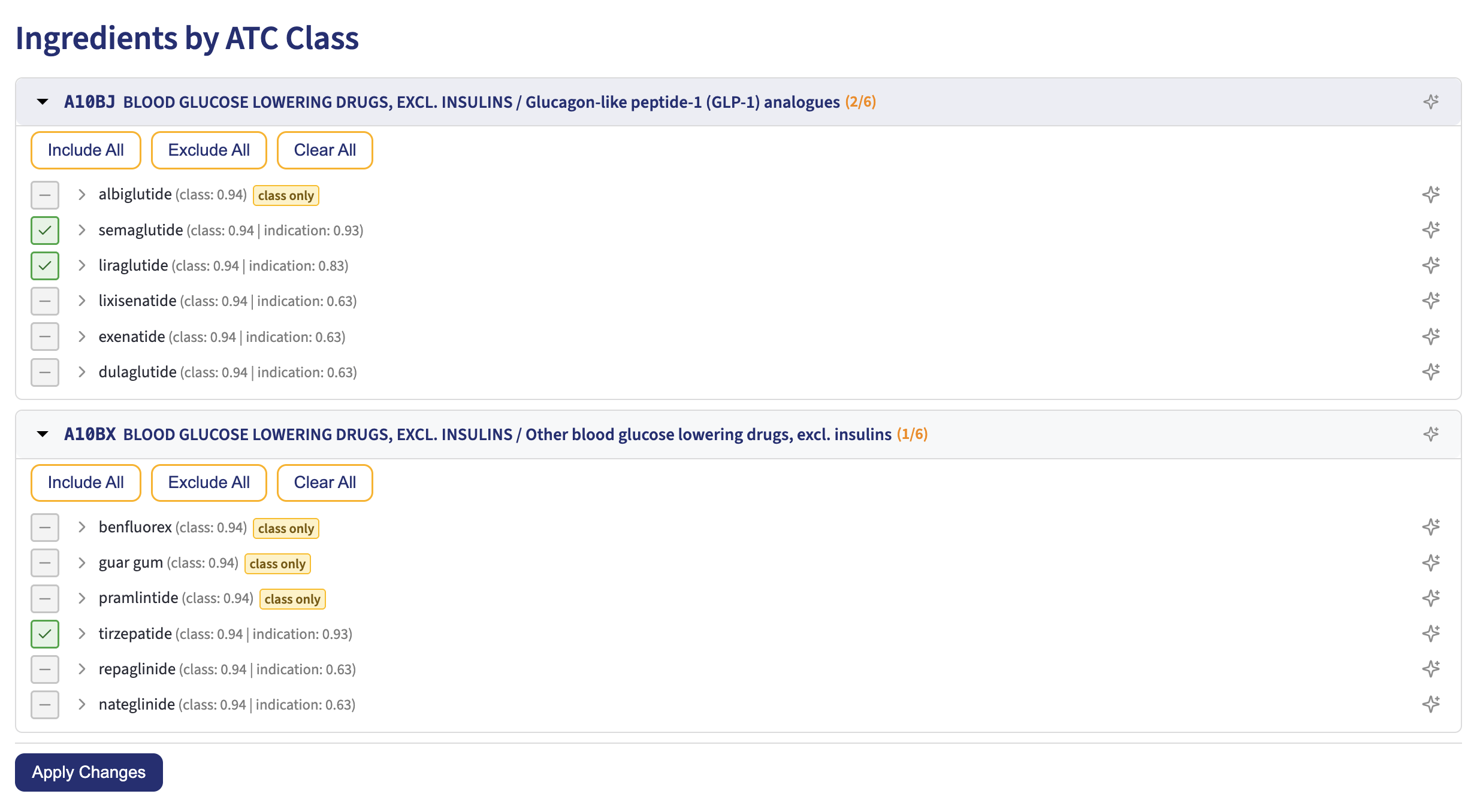 Medication search results for diabetic medications for obesity, grouped by ATC class